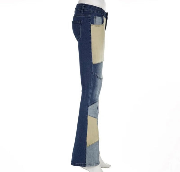 Women Fashion Color Patchwork Boot Cut Denim Pants