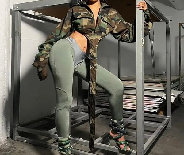 Women Full Sleeve Button Up Camouflage Fashion Crop Top
