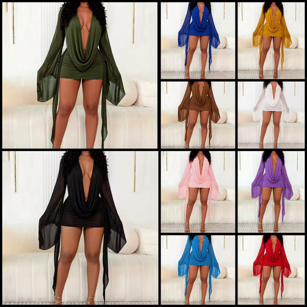 Women Sexy Draped Flare Full Sleeve Open Back Mesh Dress