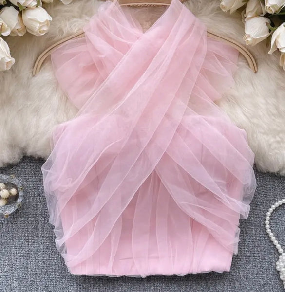 Women Sexy Tulle Criss Cross Halter Crop Top