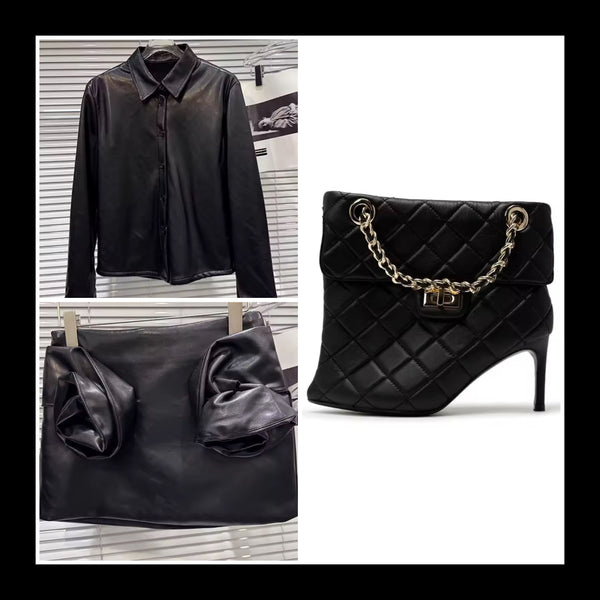 Women Black Faux Leather Button Up Fashion Two Piece Skirt Set