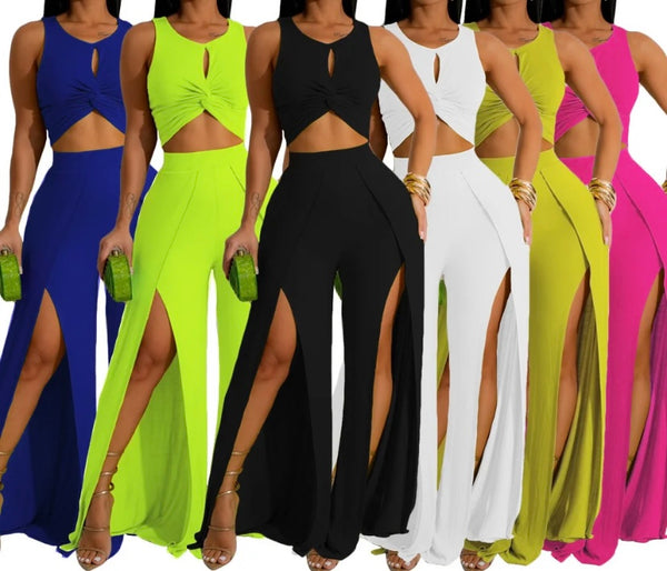 Women Sexy Sleeveless Solid Color Two Piece Front Slit Pant Set