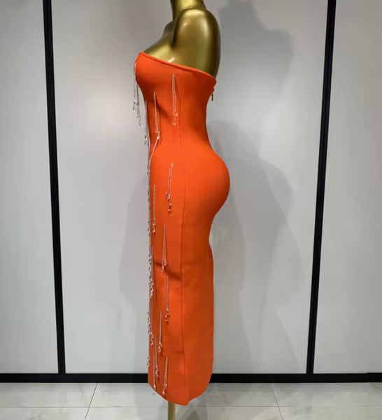 Women Sexy Orange Strapless Tassel Crystal Maxi Dress