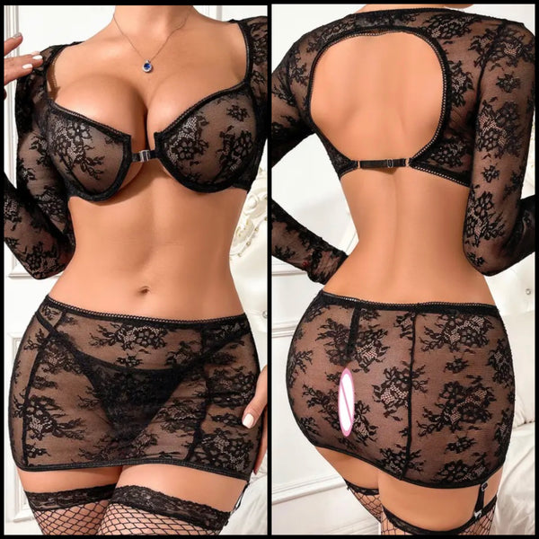 Women Sexy Lace Black Full Sleeve Lingerie Set