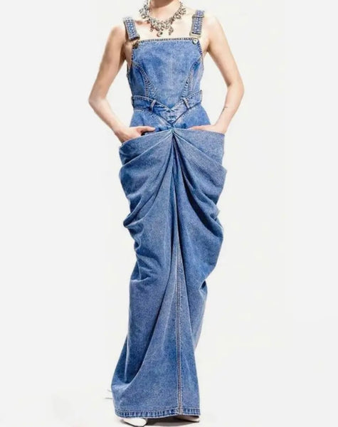 Women Fashion Sleeveless Ruched Pocket Denim Maxi Dress