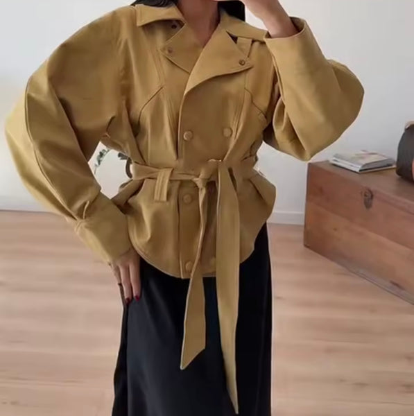 Women Fashion Khaki Belted Blazer Jacket