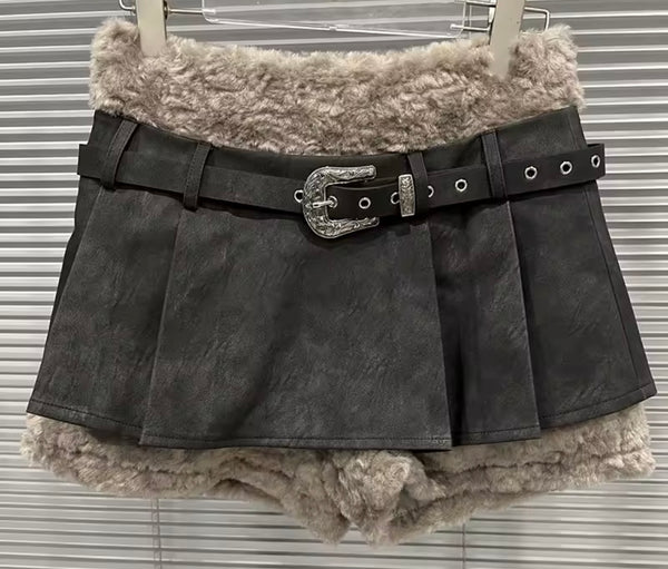 Women Fashion Fur Buckled Jacket Two Piece Skirt Set