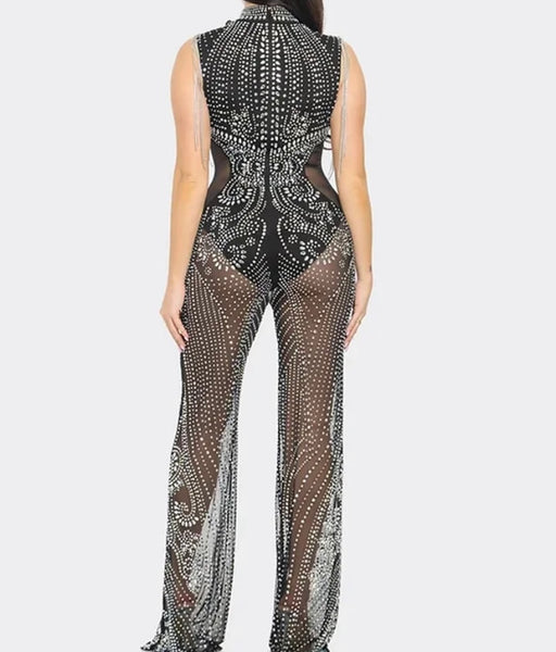 Women Sexy Sleeveless Mesh Bling Jumpsuit