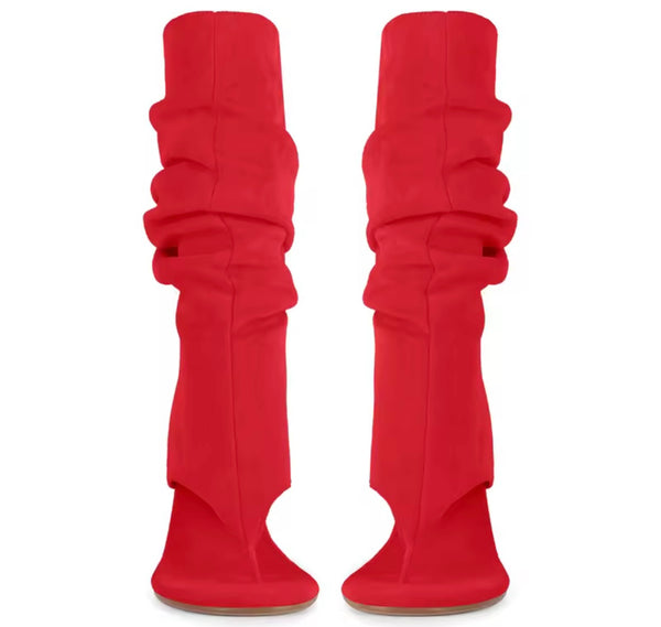 Women Fashion Suede Open Toe Ruched Wedge Ankle Boots