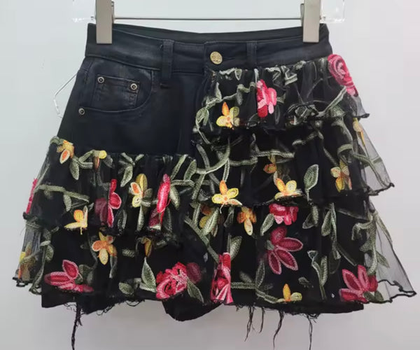 Women Fashion Floral Ruffled Black Denim Skirt