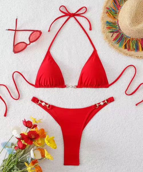 Women Sexy Halter Pearl Metal Bikini Swimsuit