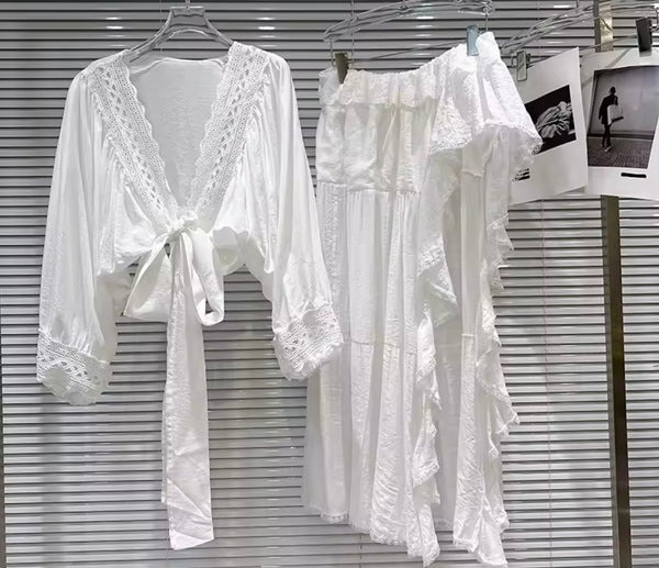 Women White Full Sleeve Wrap Top Two Piece Asymmetrical Skirt Set