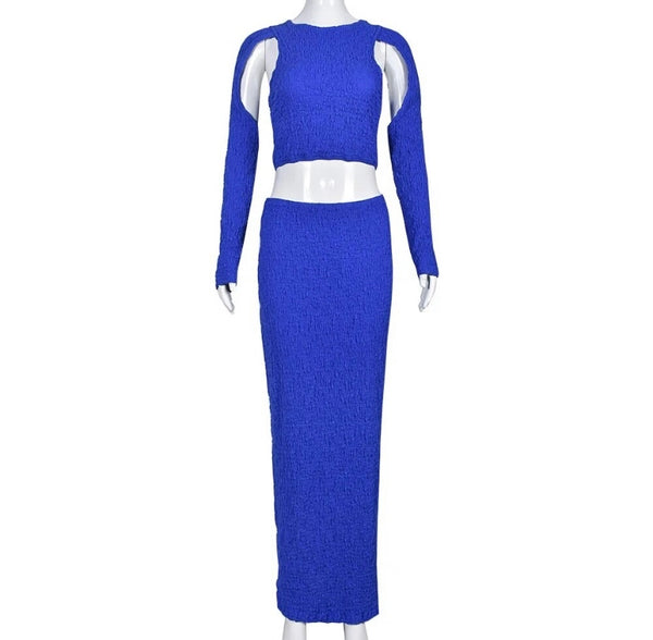 Women Sexy Blue Cut Out Full Sleeve Two Piece Maxi Skirt Set