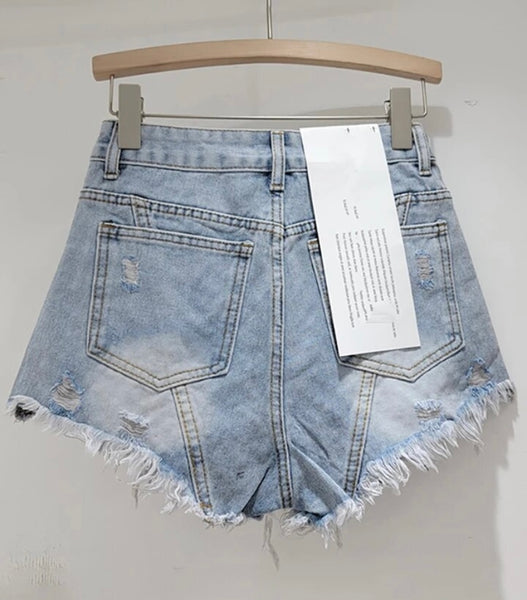 Women Fashion Ripped Rhinestone Patchwork Denim Shorts