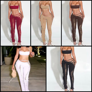 Women Sexy Sleeveless Cut Out Tie Up Two Piece Pant Set