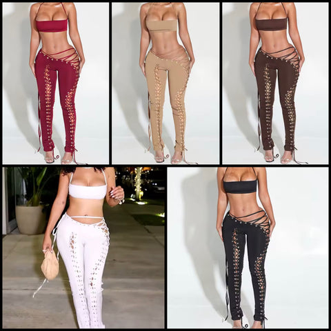 Women Sexy Sleeveless Cut Out Tie Up Two Piece Pant Set