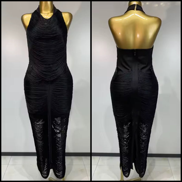 Women Black Sexy Halter Sleeveless Fringe Dress