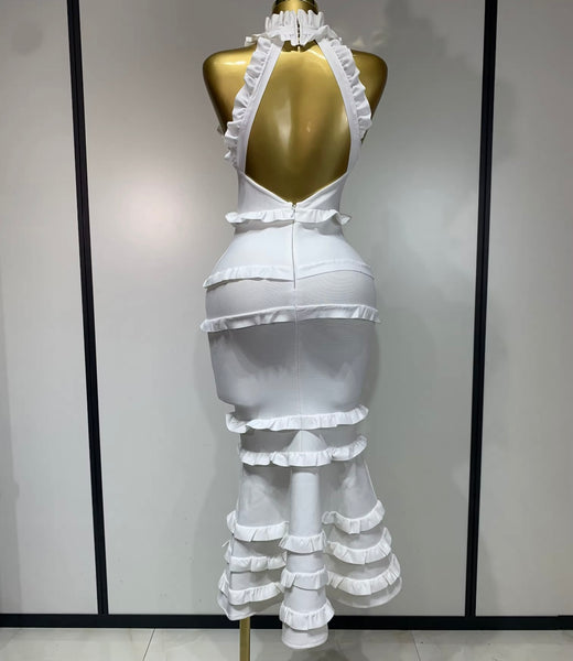 Women White Sexy Sleeveless Open Back Bandage Ruffled Dress