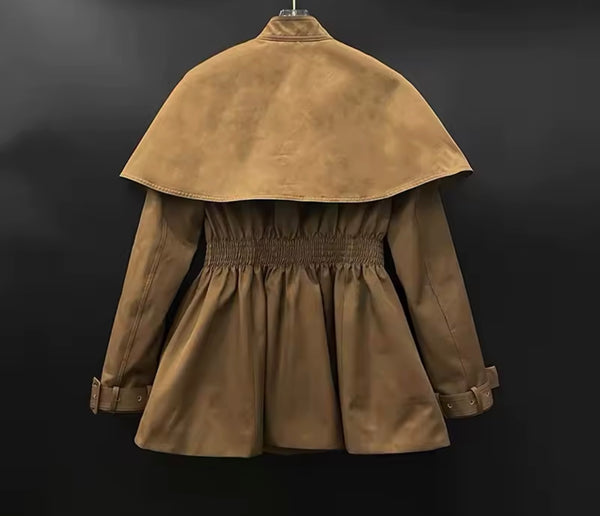 Women Brown Fashion Button Up Cape Trench Jacket Set