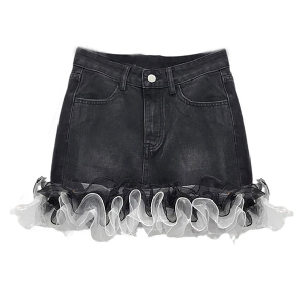 Women Fashion Ruffled Mesh Denim Skirt