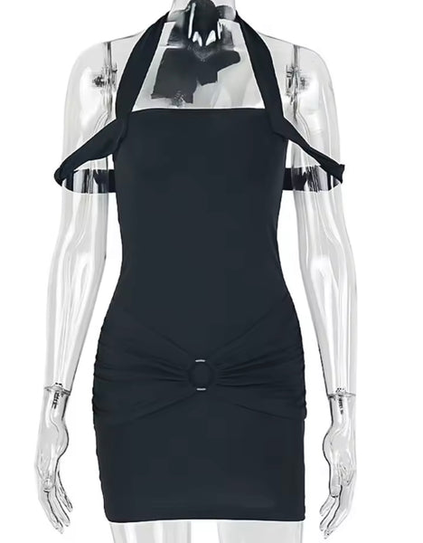 Women Sexy Black Halter Sleeveless Metal Ruched Dress