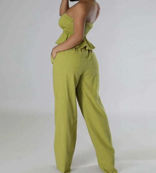 Women Sexy Ruffled Strapless Two Piece Wide Leg Pant Set
