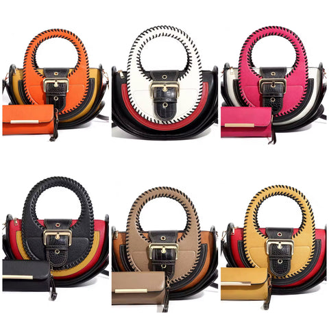 Women Fashion Color Patchwork Buckled Leather Wallet Purse Set