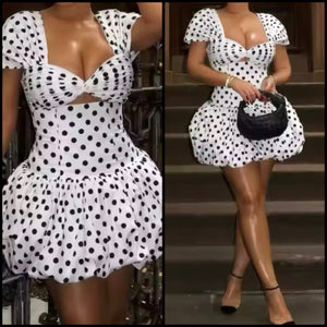 Women Sexy B&W Polka Dot Short Sleeve Dress