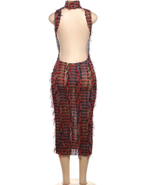 Women Sexy Cut Out Sleeveless Multicolored Fringe Maxi Dress