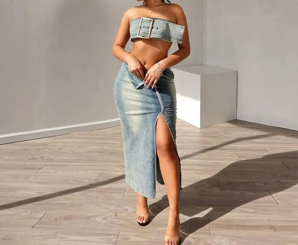 Women Sexy Buckled Strapless Denim Two Piece Zipper Skirt Set