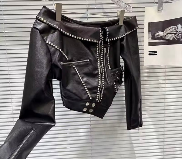 Women Off The Shoulder Zip Up Rhinestone Faux Leather Jacket