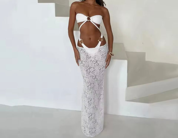 Women Sexy Strapless Metal Cut Out Bikini Lace Cover Up Set