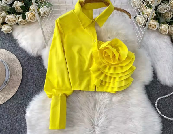 Women Button Up Fashion Floral One Shoulder Full Sleeve Top