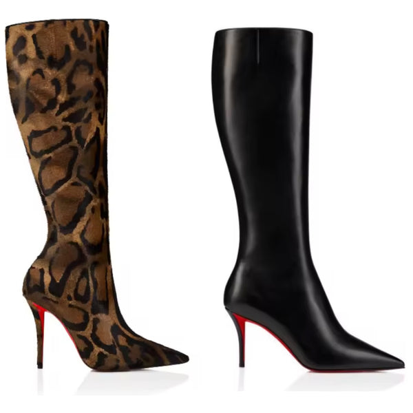 Women Fashion Leopard/Black High Heel Knee Length Boots
