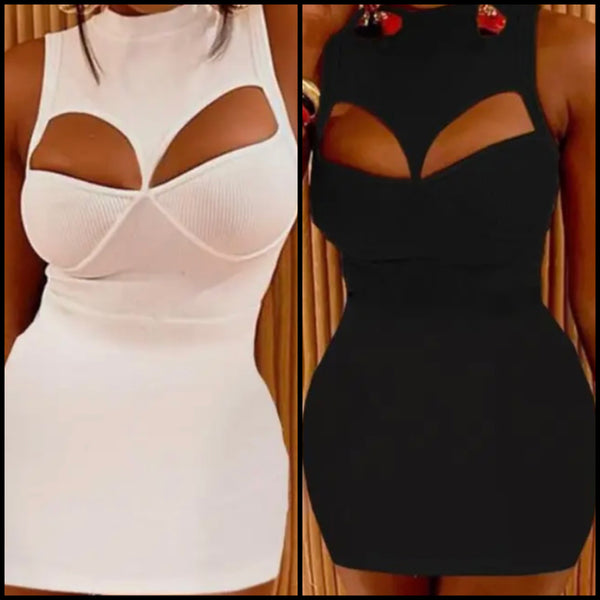 Women Sexy Sleeveless Solid Color Ribbed Cut Out Dress