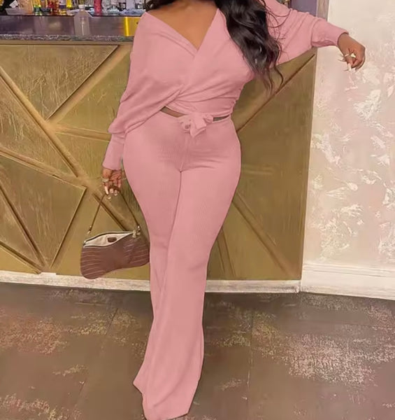 Women Fashion Full Sleeve Tie Up Crop Two Piece Pant Set