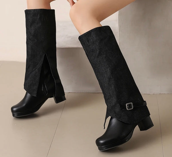 Women Fashion Denim Color Patchwork Buckled Platform Knee High Boots