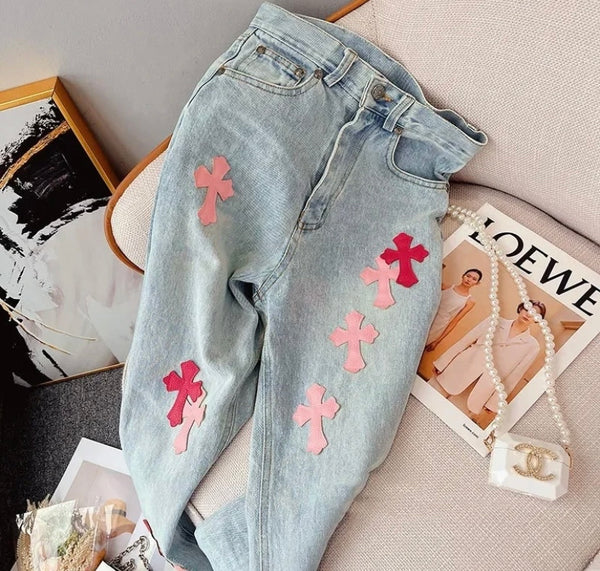 Women Fashion Color Cross Denim Pants