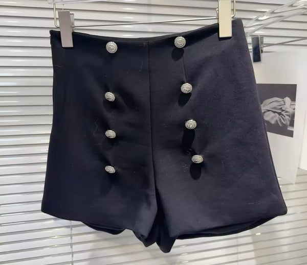 Women Black Bling Cut Out Heart Button Two Piece Short Set