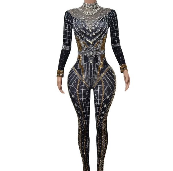 Women Fashion Bling Rhinestone Patchwork Full Sleeve Jumpsuit