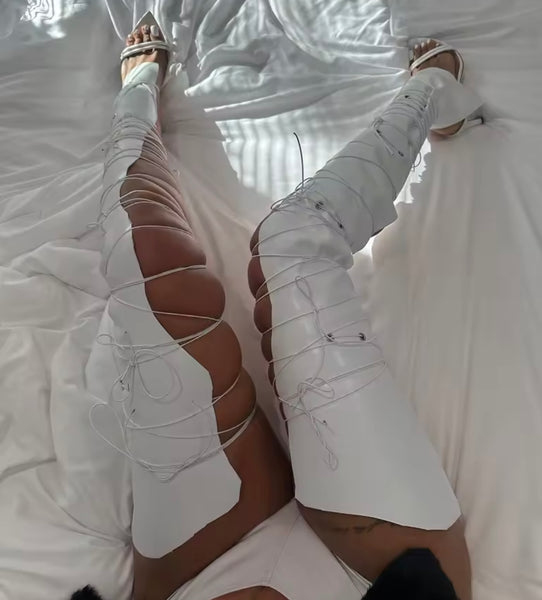 Women White Fashion Open Toe Over The Knee Lace Up Cut Out Boots