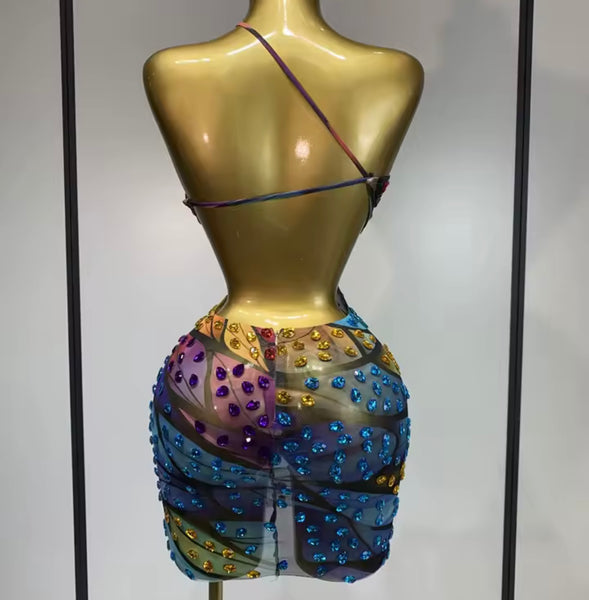 Women Sexy Sleeveless Open Back Colorful Rhinestone Dress