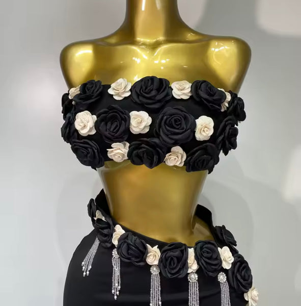 Women Sexy Strapless 3D Floral Black Bling Two Piece Maxi Skirt Set