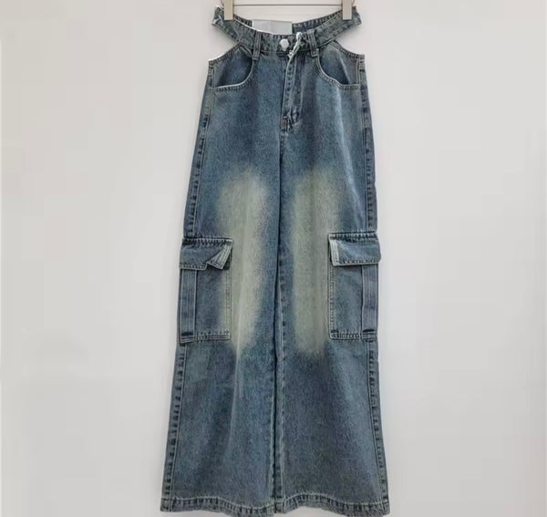 Women Fashion Cut Out Wide Leg Cargo Denim Pants
