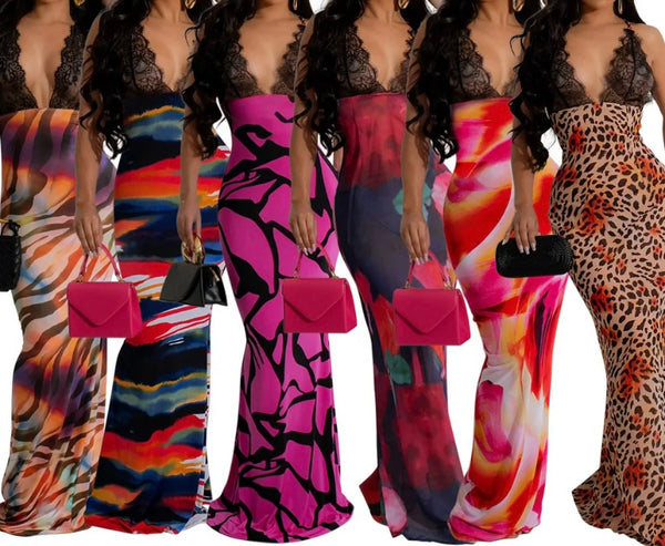 Women Sexy Sleeveless Lace Patchwork Printed Maxi Dress