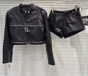Women Fashion Faux Leather Jacket Two Piece Short Set