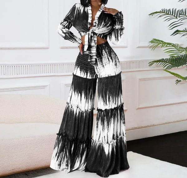 Women Fashion B&W Printed Full Sleeve Two Piece Wide Leg Pant Set