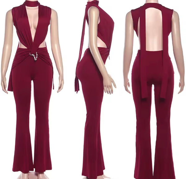 Women Choker Sleeveless Sexy Cut Out Metal Jumpsuit