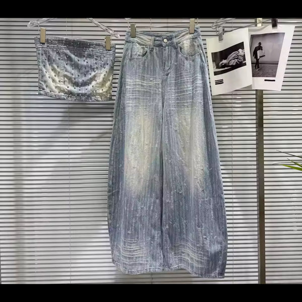 Women Strapless Rhinestone Patchwork Denim Two Piece Pant Set