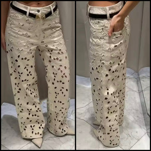 Women Fashion Hollow Out Denim Pants